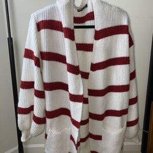SHEIN Red and White Striped Knit Cardigan Oversized!